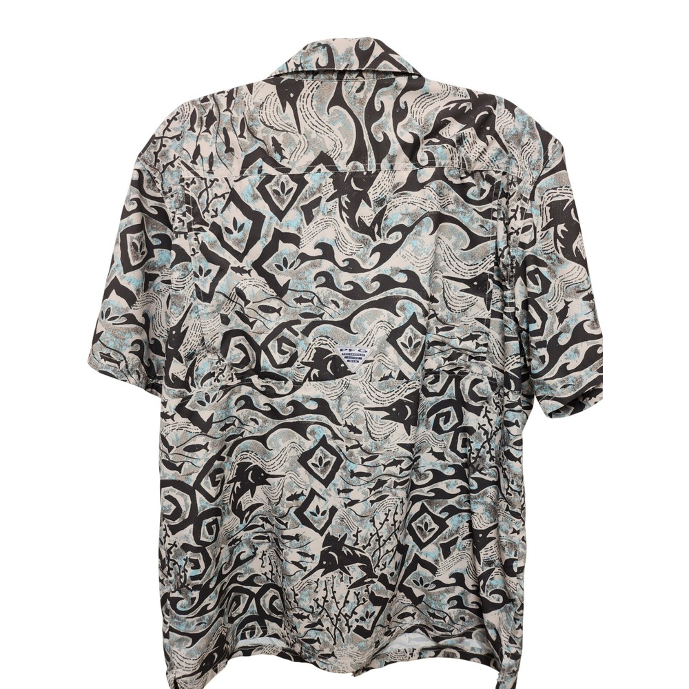 Columbia PFG Mens Fishing Shirt Short Sleeve Marlin Tribal Print Grey Blue L - Picture 3 of 5